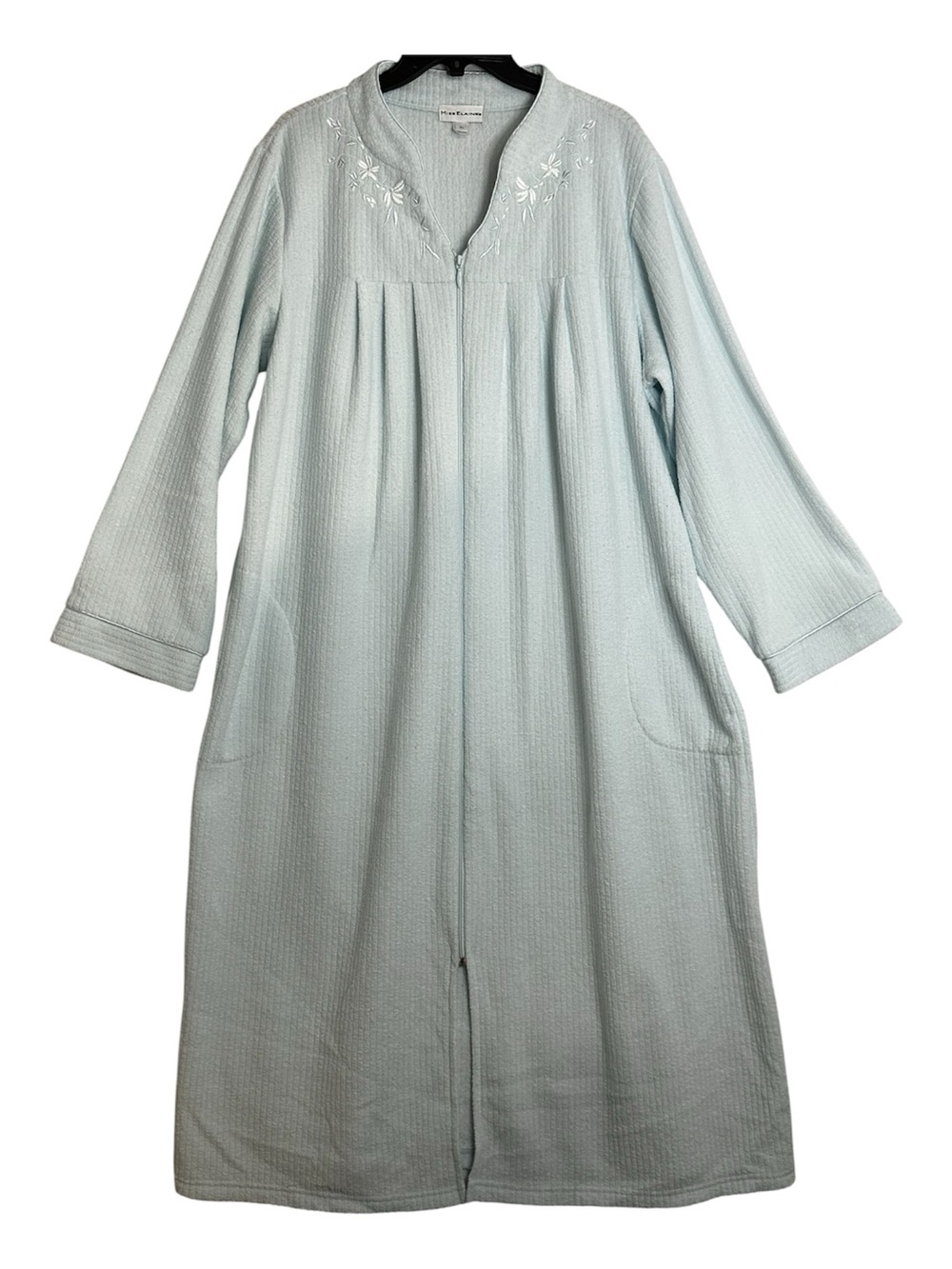 Miss Elaine XL Blue Chenille Zip Front Housecoat Duster Robe Embroidered
